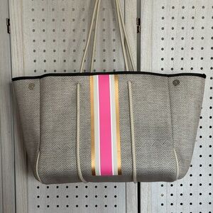 Stylish Beige Tote with Pink and Gold Stripes